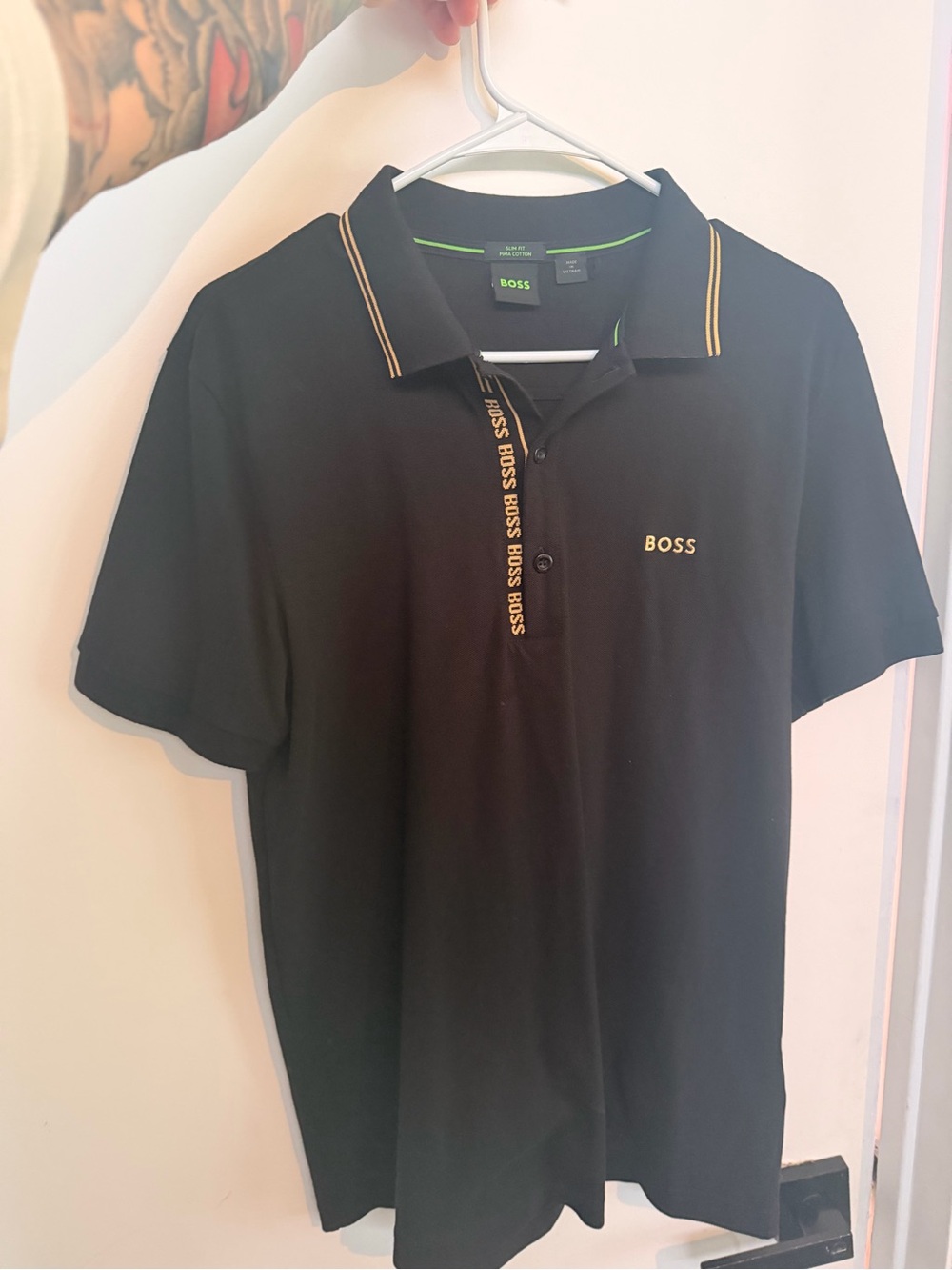 BOSS Black Polo with Gold Trim and Logo
